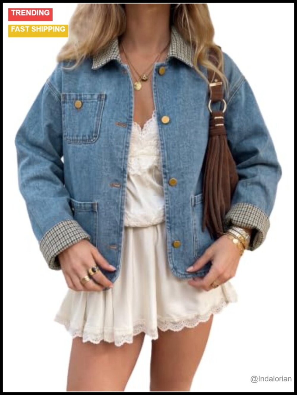 Womens Cropped Denim Jacket Button Down Jean Coat Plaid Trim Casual Fall